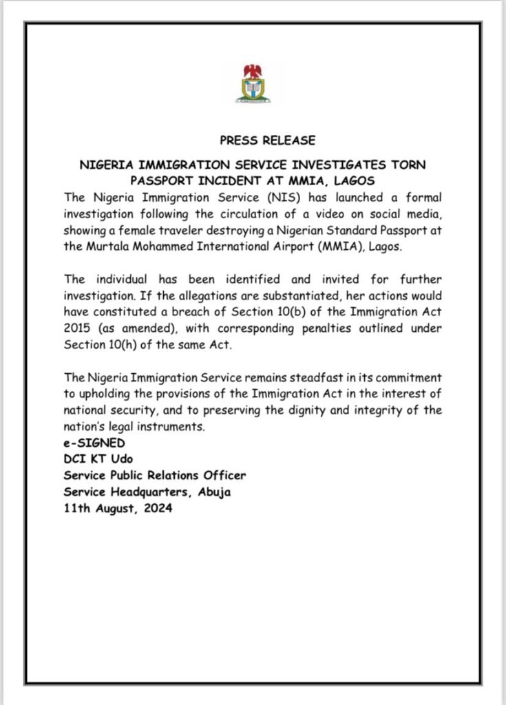 NIS to investigate torn passport incident at Lagos airport