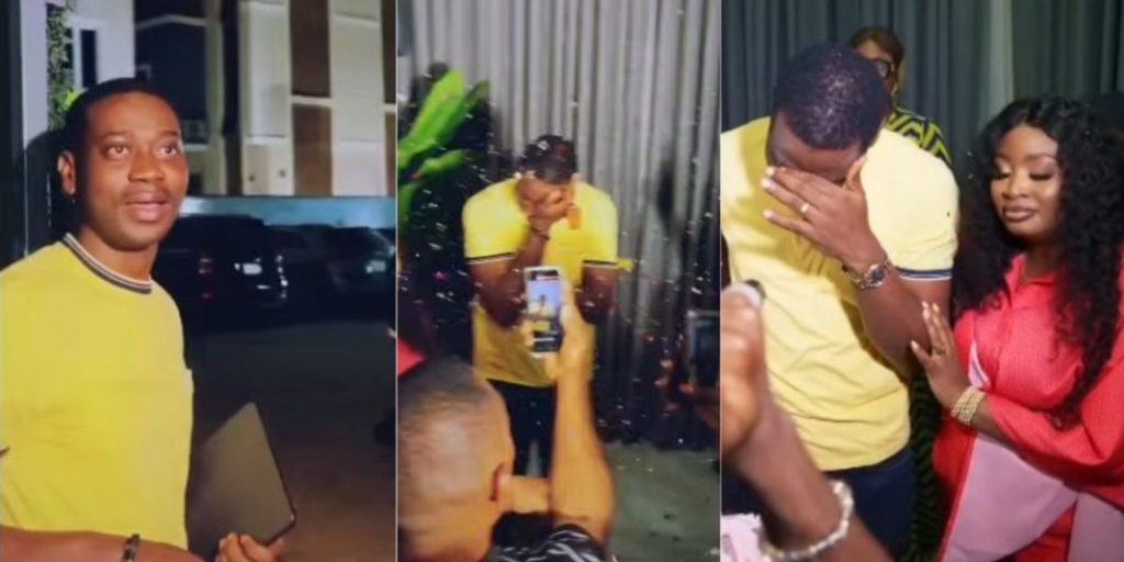 “This is so beautiful to watch” – Sweet video as Mo Bimpe throws Lateef Adedimeji surprise party to celebrate success of his movie ‘Lisabi’